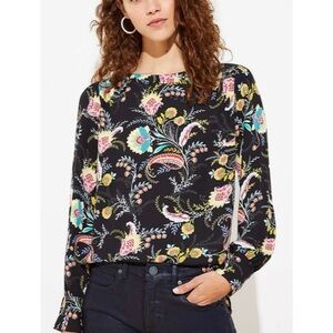 Ann Taylor LOFT Black Paisley Keyhole Boatneck Colorful Blouse Top Small Medium